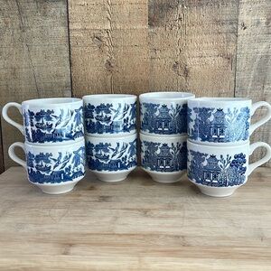 Vintage Churchill BLUE WILLOW Tea Coffee Cups England Staffordshire Transferware